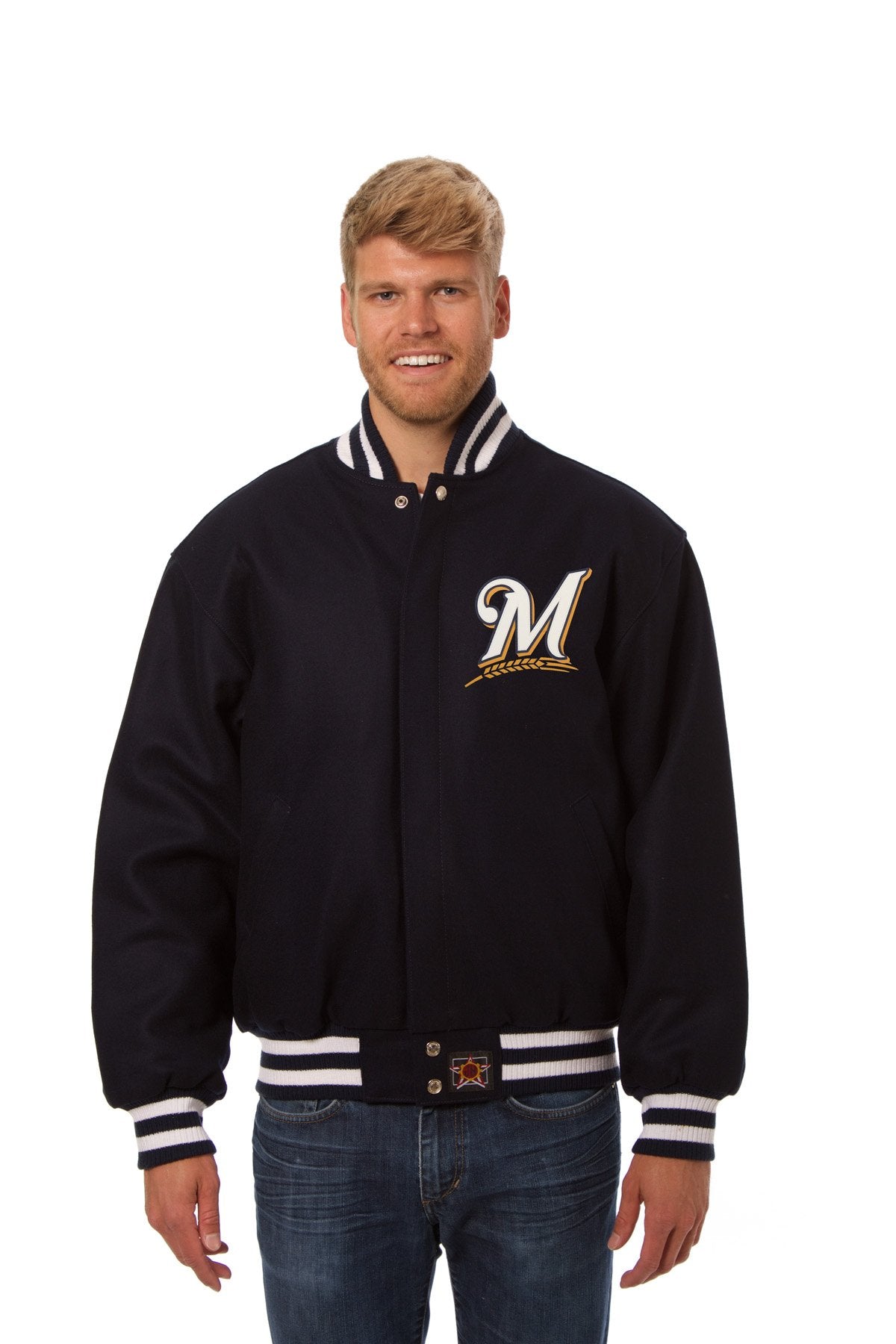 MILWAUKEE BREWERS WOOL JACKET W/ HANDCRAFTED LEATHER LOGOS - NAVY
