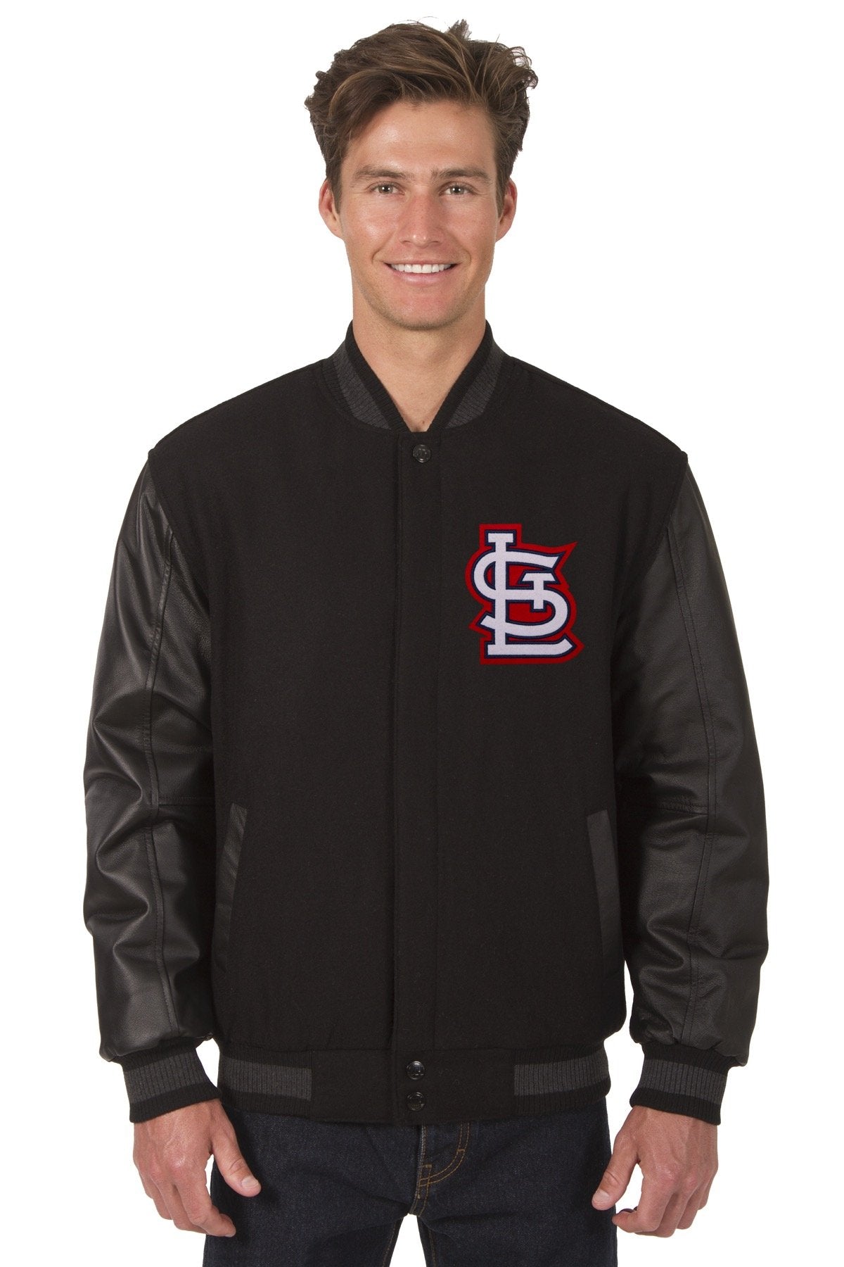 ST. LOUIS CARDINALS WOOL & LEATHER REVERSIBLE JACKET W/ EMBROIDERED LOGOS - BLACK