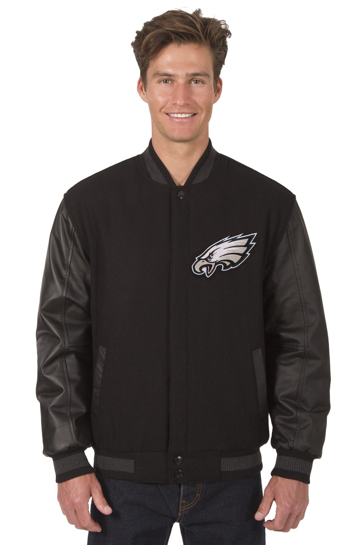 PHILADELPHIA EAGLES WOOL & LEATHER REVERSIBLE JACKET W/ EMBROIDERED LOGOS - BLACK