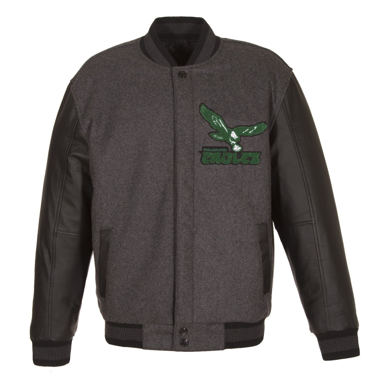 Philadelphia Eagles - JH Design Reversible Fleece Jacket with Faux Leather Sleeves - Black/White Medium