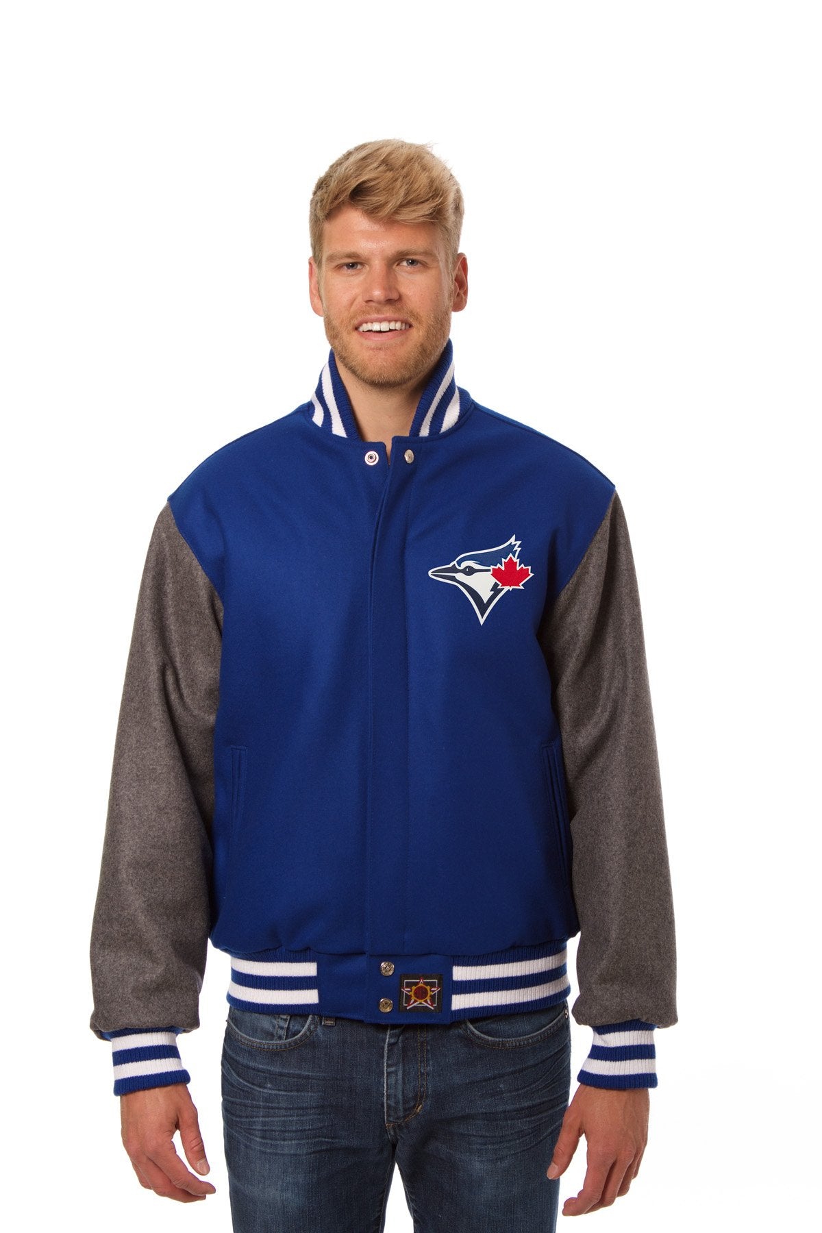 TORONTO BLUE JAYS TWO-TONE WOOL JACKET W/ HANDCRAFTED LEATHER LOGOS - ROYAL/GRAY