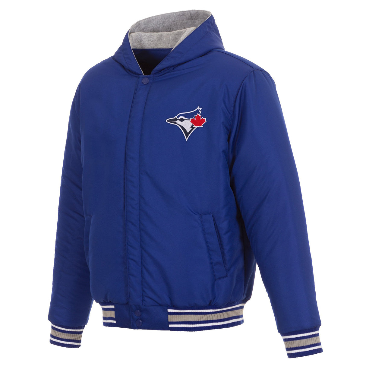 TORONTO BLUE JAYS TWO-TONE REVERSIBLE FLEECE HOODED JACKET - ROYAL/GREY