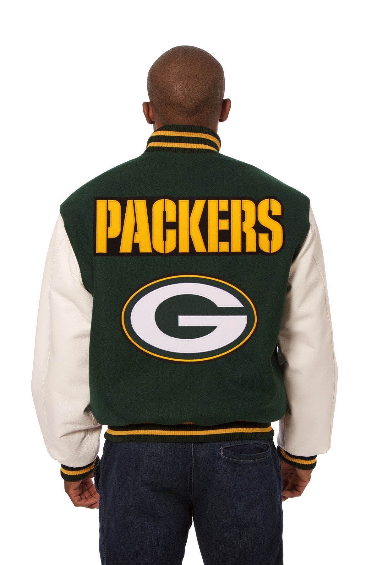 GREEN BAY PACKERS TWO-TONE WOOL AND LEATHER JACKET - GREEN/WHITE