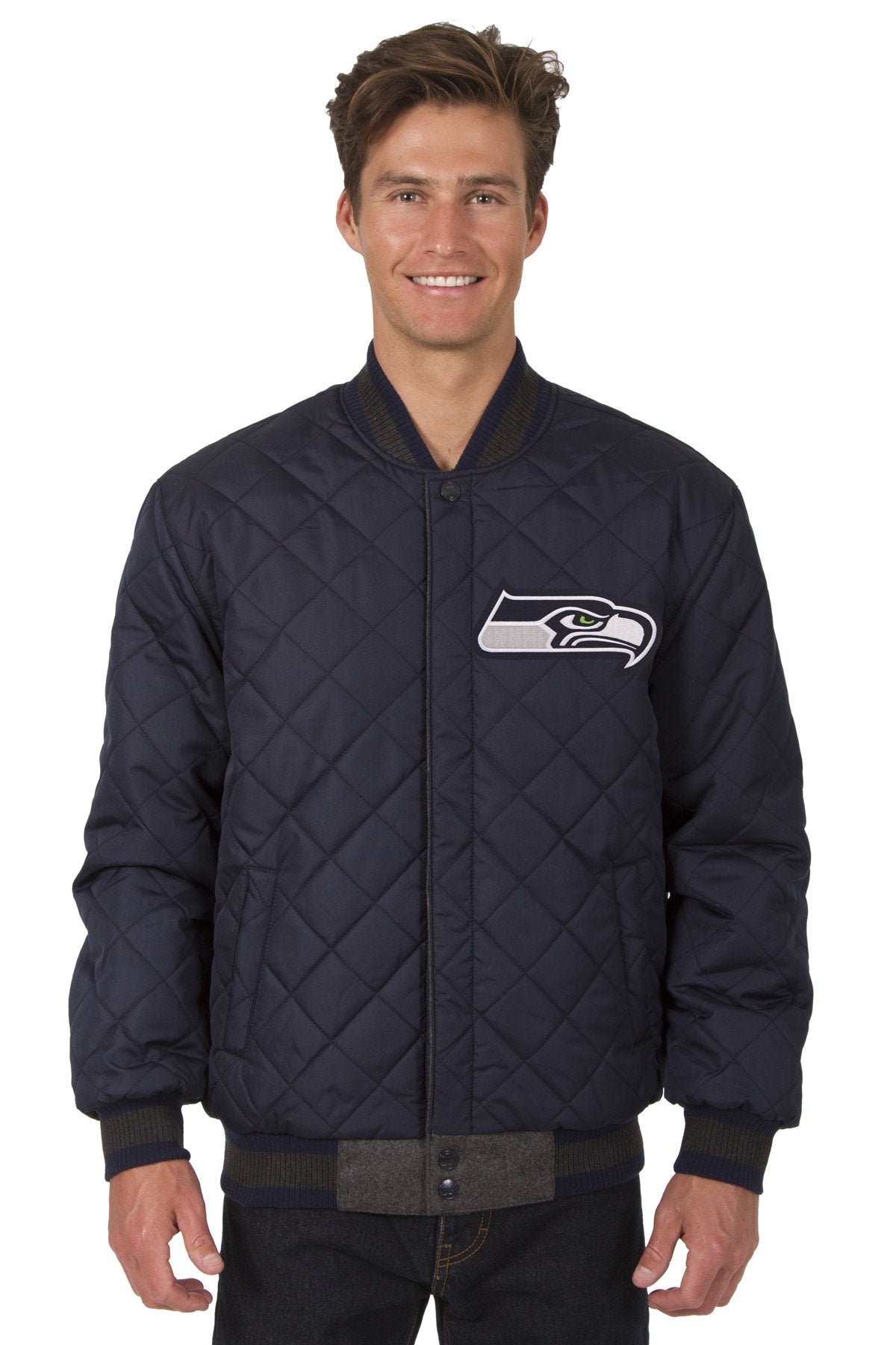 Seattle Seahawks Reversible Wool and Leather Jacket (Front and Back Logos)