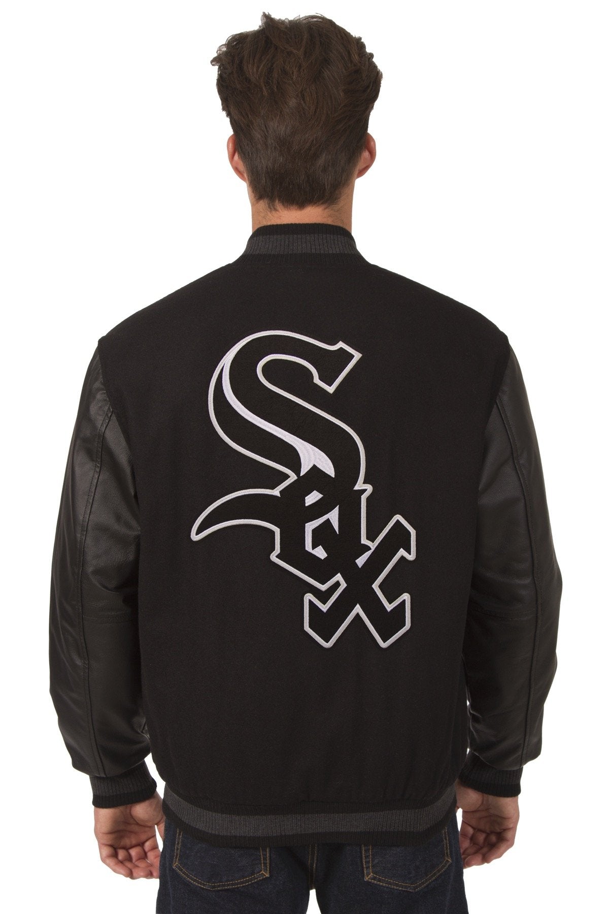 CHICAGO WHITE SOX WOOL & LEATHER REVERSIBLE JACKET W/ EMBROIDERED LOGOS - BLACK