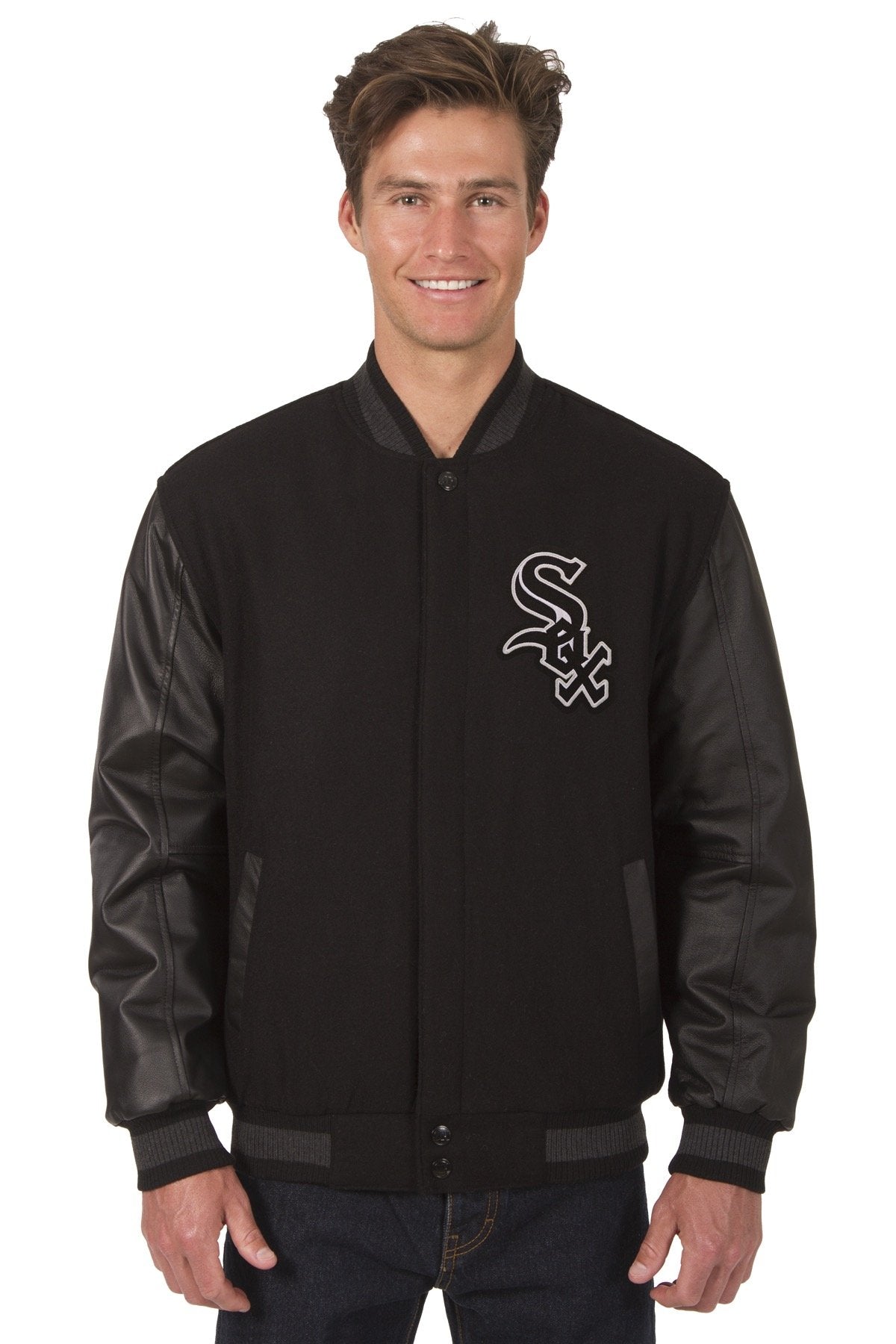 CHICAGO WHITE SOX WOOL & LEATHER REVERSIBLE JACKET W/ EMBROIDERED LOGOS - BLACK