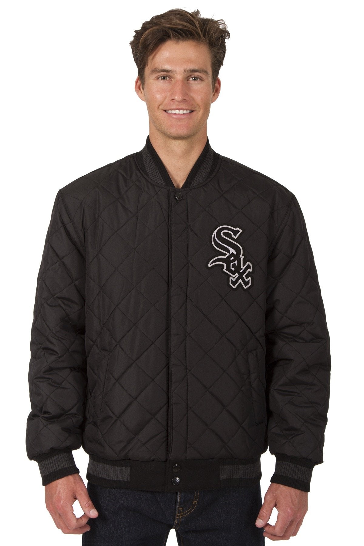 CHICAGO WHITE SOX WOOL & LEATHER REVERSIBLE JACKET W/ EMBROIDERED LOGOS - BLACK