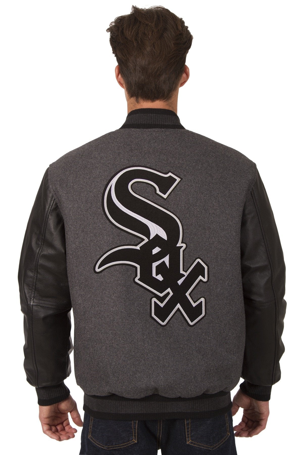 CHICAGO WHITE SOX WOOL & LEATHER REVERSIBLE JACKET W/ EMBROIDERED LOGOS - CHARCOAL/BLACK