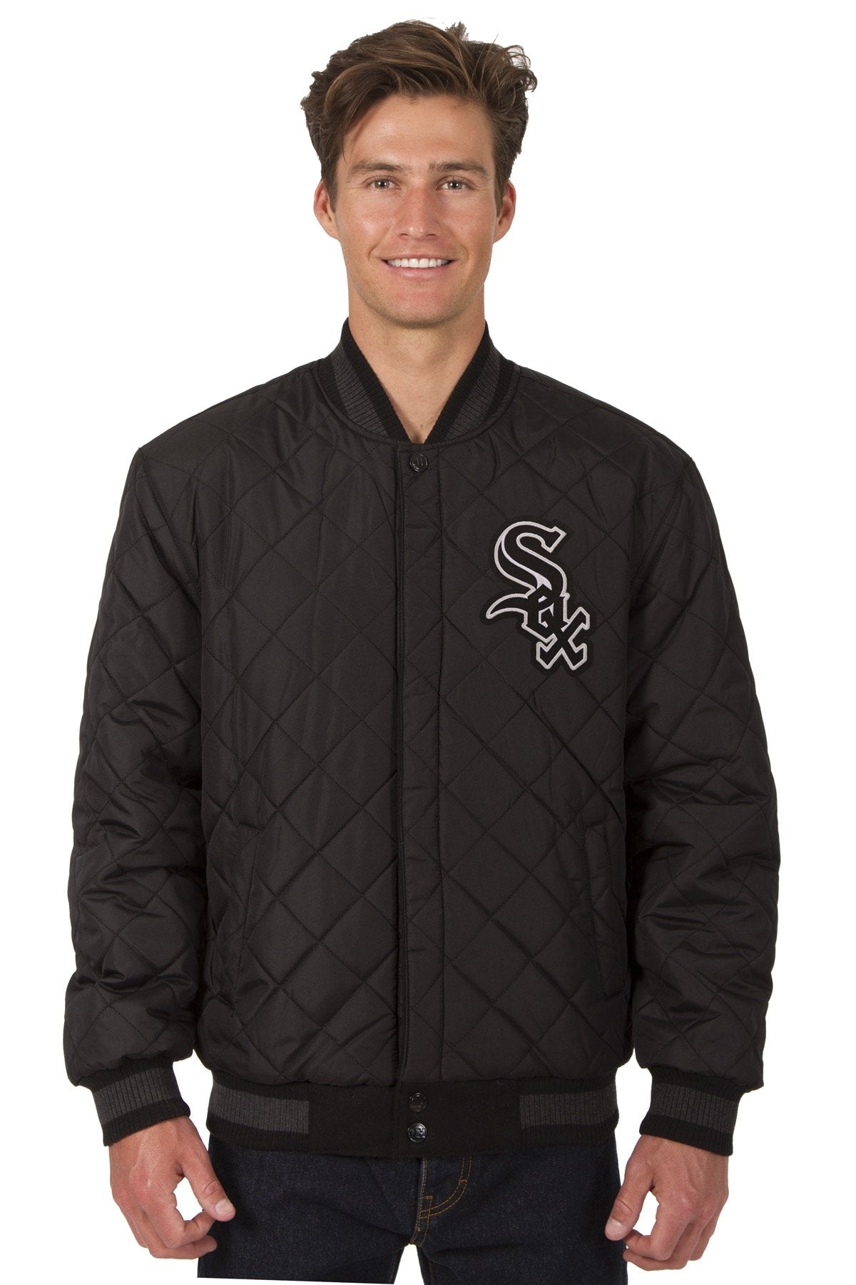 CHICAGO WHITE SOX WOOL & LEATHER REVERSIBLE JACKET W/ EMBROIDERED LOGOS - CHARCOAL/BLACK