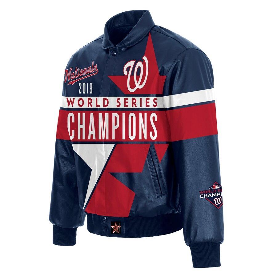 WASHINGTON NATIONALS JH DESIGN 2019 WORLD SERIES CHAMPIONS FULL-SNAP LEATHER JACKET - NAVY