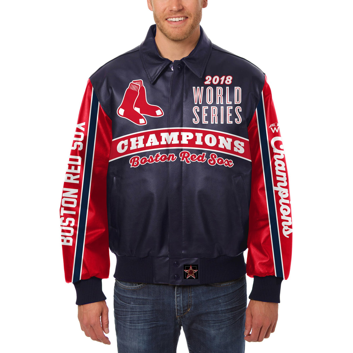 BOSTON RED SOX JH DESIGN 2018 WORLD SERIES CHAMPIONS LOGO LEATHER JACKET – NAVY