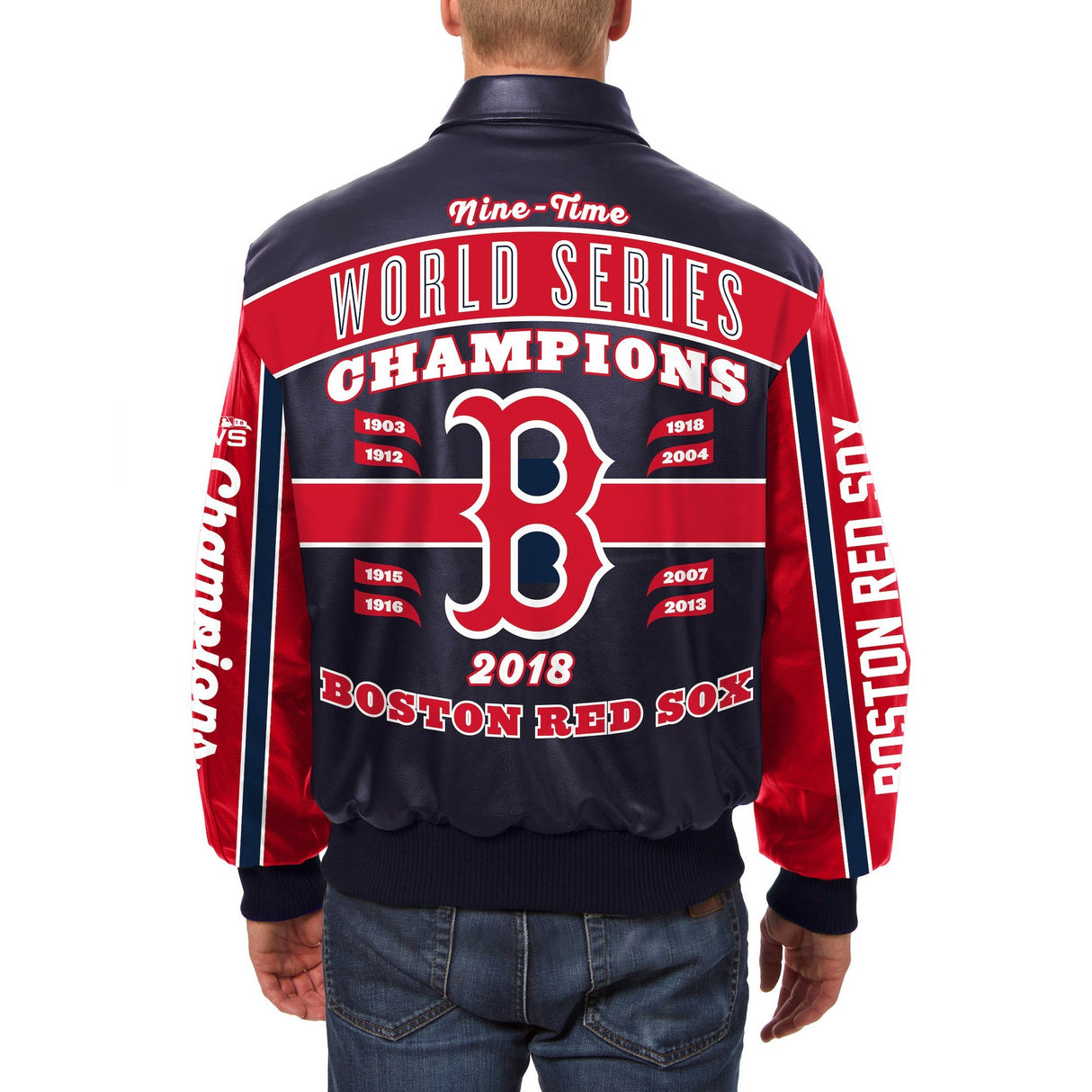 BOSTON RED SOX JH DESIGN 2018 WORLD SERIES CHAMPIONS LOGO LEATHER JACKET – NAVY