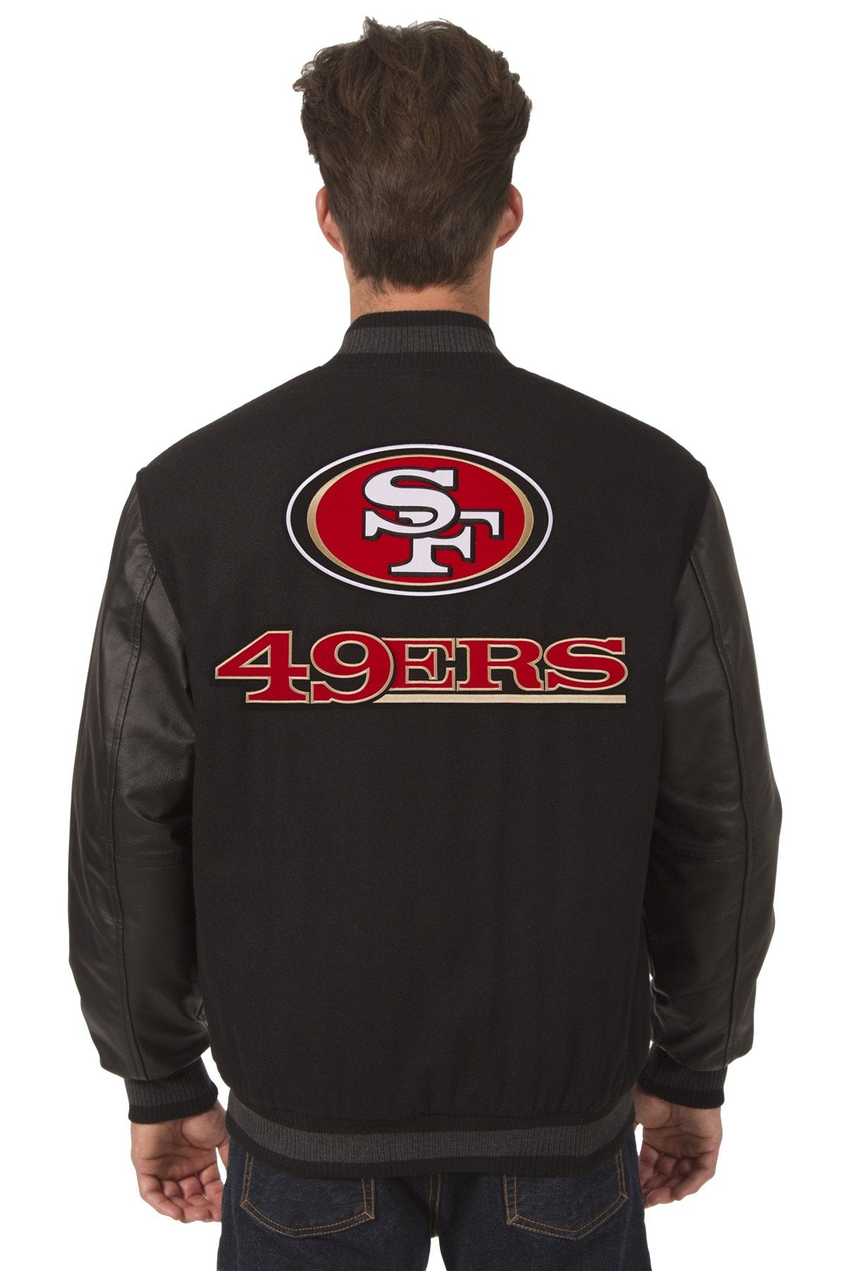 SAN FRANCISCO 49ERS WOOL & LEATHER REVERSIBLE JACKET W/ EMBROIDERED LOGOS - BLACK