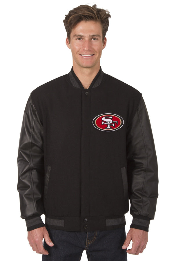 SAN FRANCISCO 49ERS WOOL & LEATHER REVERSIBLE JACKET W/ EMBROIDERED LOGOS - BLACK