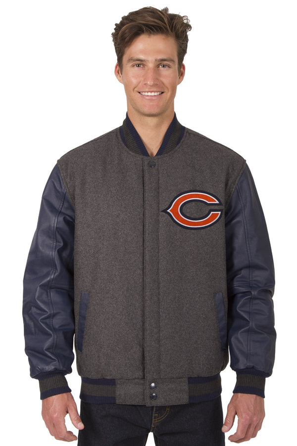 Chicago Bears Reversible Wool and Leather Jacket (Front and Back Logos)