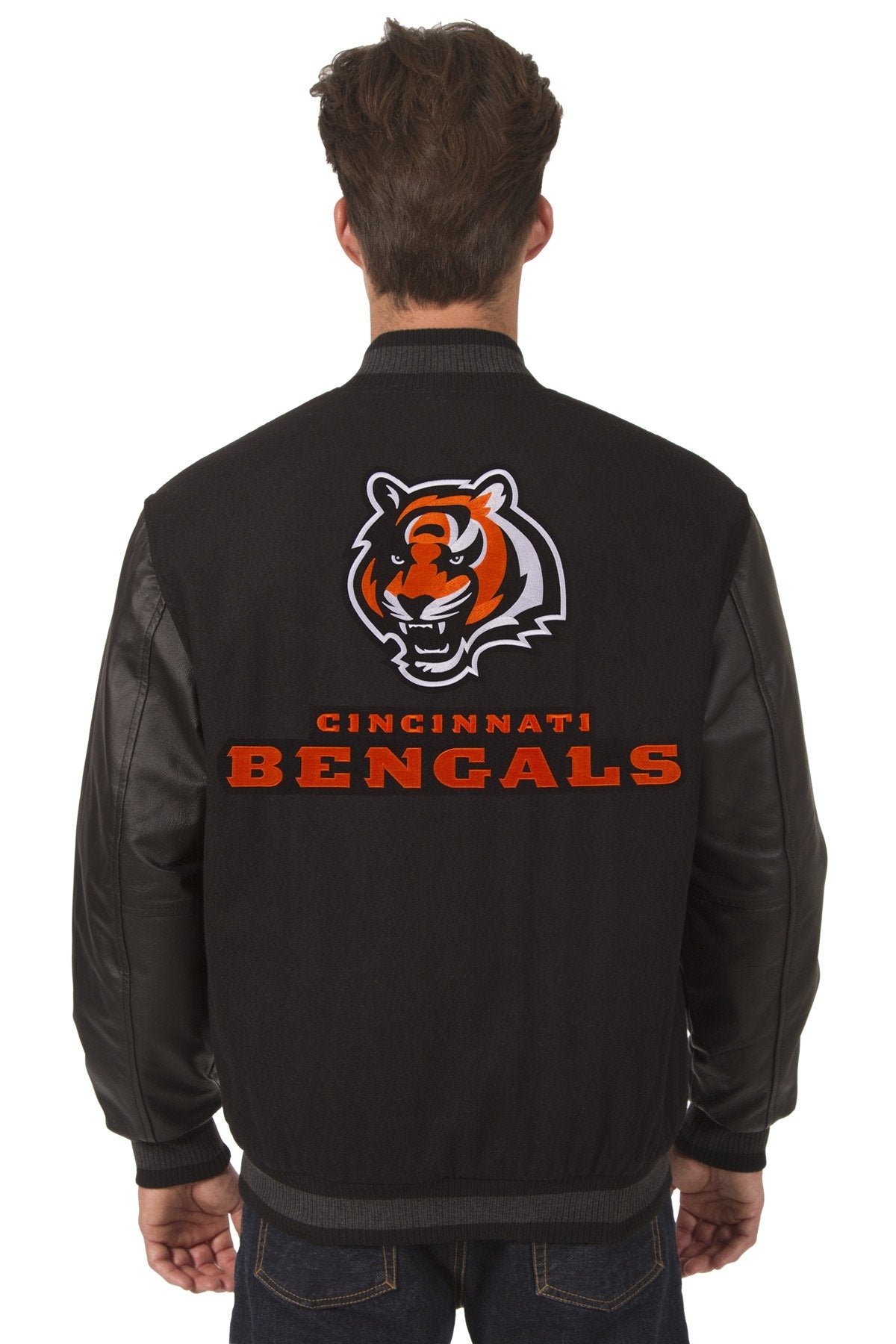 CINCINNATI BENGALS WOOL & LEATHER REVERSIBLE JACKET W/ EMBROIDERED LOGOS - BLACK