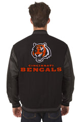 CINCINNATI BENGALS WOOL & LEATHER REVERSIBLE JACKET W/ EMBROIDERED LOGOS - BLACK