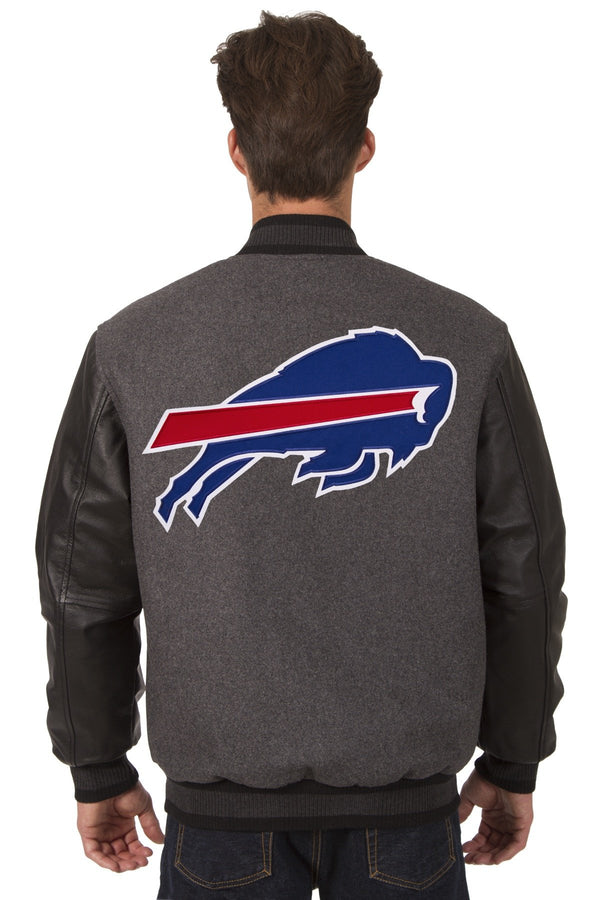 BUFFALO BILLS WOOL & LEATHER REVERSIBLE JACKET W/ EMBROIDERED LOGOS - CHARCOAL/BLACK