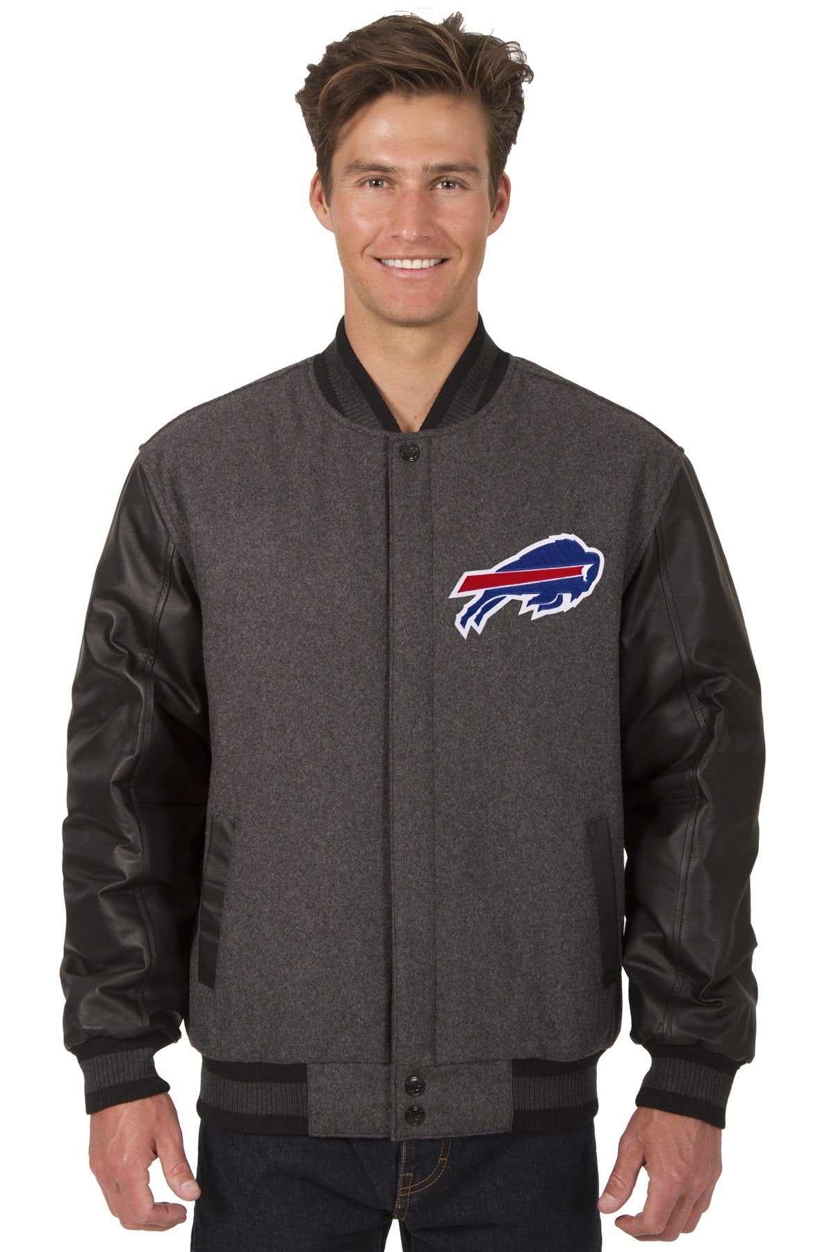 BUFFALO BILLS WOOL & LEATHER REVERSIBLE JACKET W/ EMBROIDERED LOGOS - CHARCOAL/BLACK