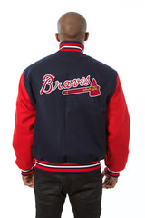 ATLANTA BRAVES TWO-TONE WOOL JACKET W/ HANDCRAFTED LEATHER LOGOS - NAVY/RED