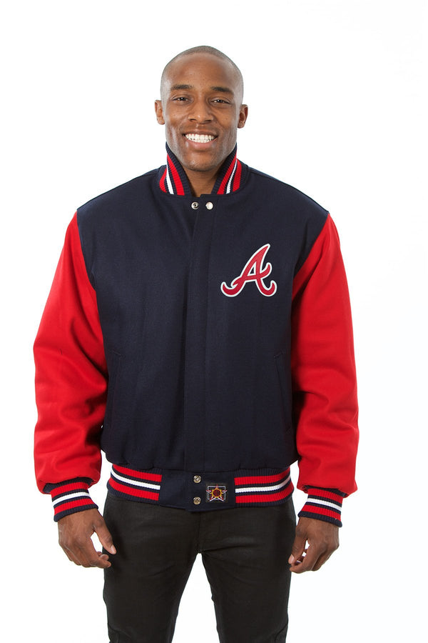 ATLANTA BRAVES TWO-TONE WOOL JACKET W/ HANDCRAFTED LEATHER LOGOS - NAVY/RED