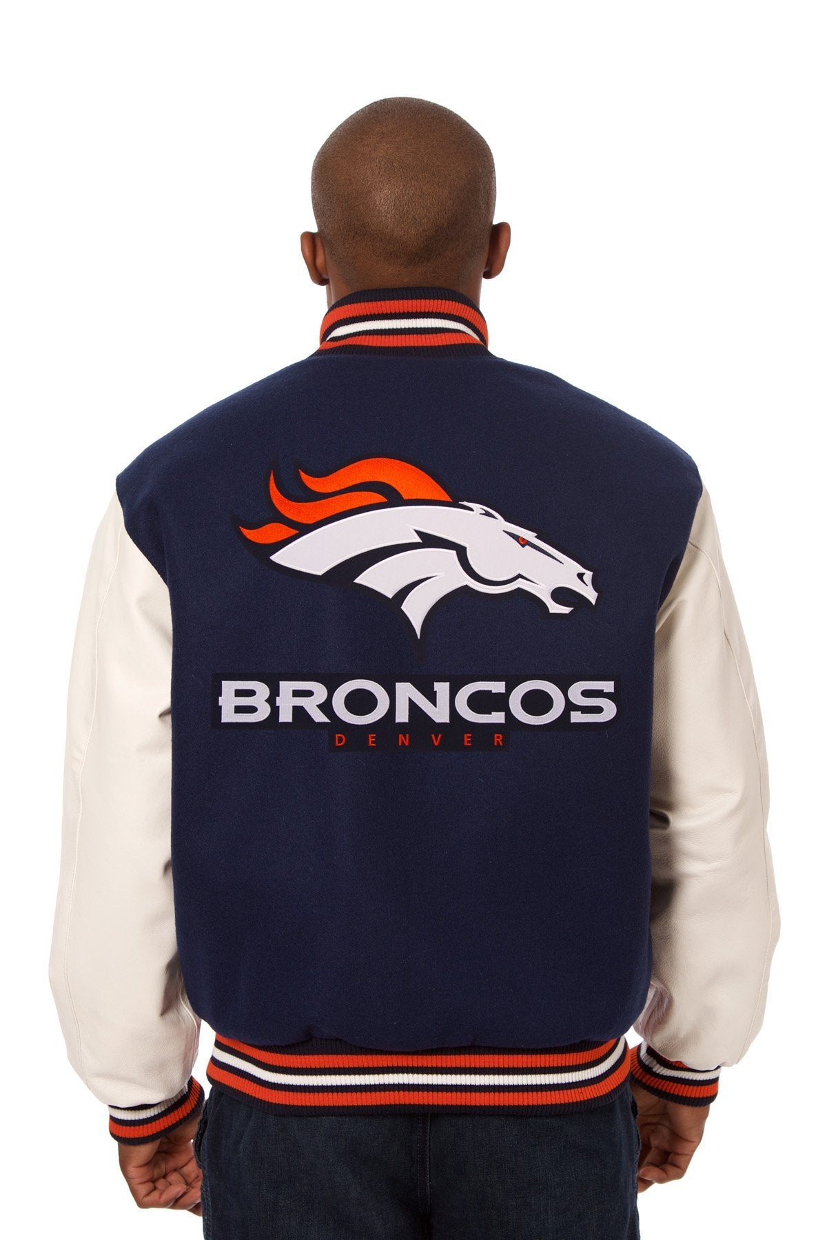 DENVER BRONCOS TWO-TONE WOOL AND LEATHER JACKET - NAVY/WHITE