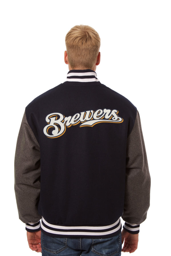 MILWAUKEE BREWERS TWO-TONE WOOL JACKET W/ HANDCRAFTED LEATHER LOGOS - NAVY/GRAY