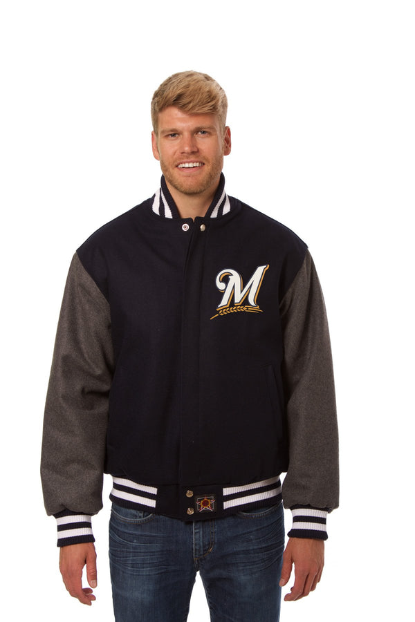 MILWAUKEE BREWERS TWO-TONE WOOL JACKET W/ HANDCRAFTED LEATHER LOGOS - NAVY/GRAY