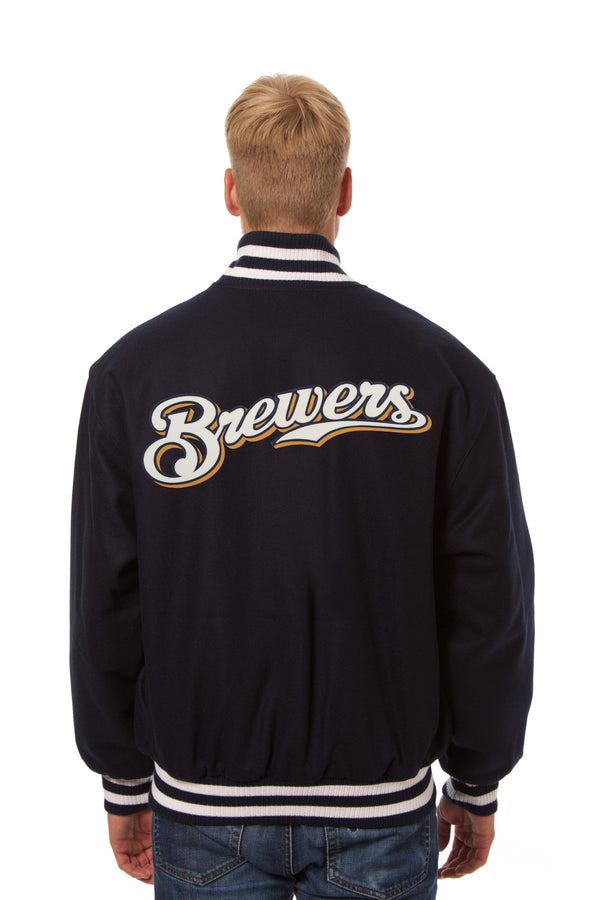 MILWAUKEE BREWERS WOOL JACKET W/ HANDCRAFTED LEATHER LOGOS - NAVY