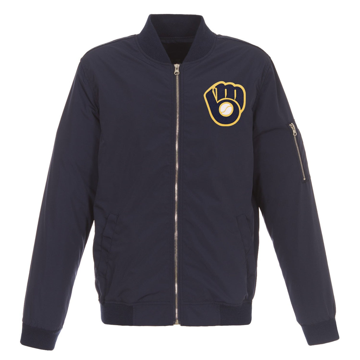 MILWAUKEE BREWERS JH DESIGN LIGHTWEIGHT NYLON BOMBER JACKET – NAVY
