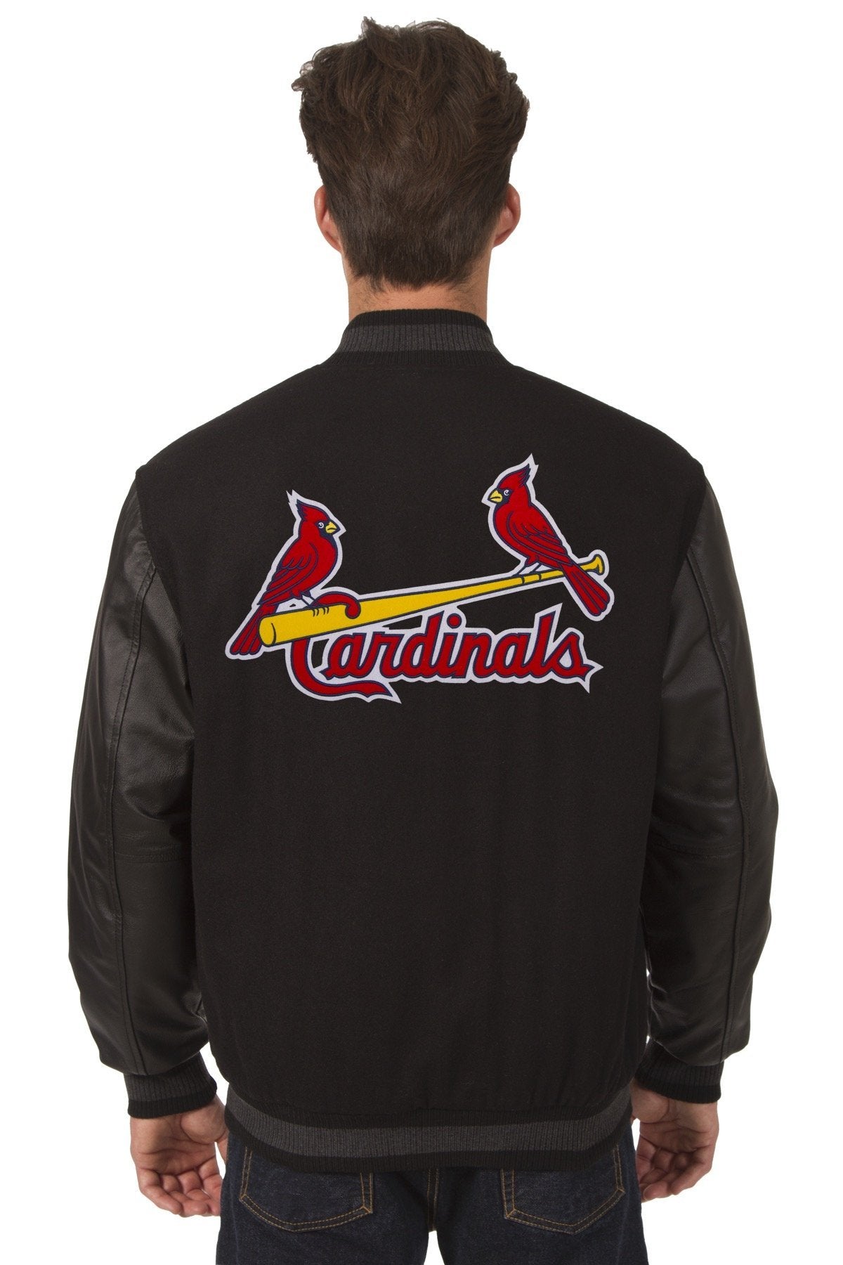 ST. LOUIS CARDINALS WOOL & LEATHER REVERSIBLE JACKET W/ EMBROIDERED LOGOS - BLACK