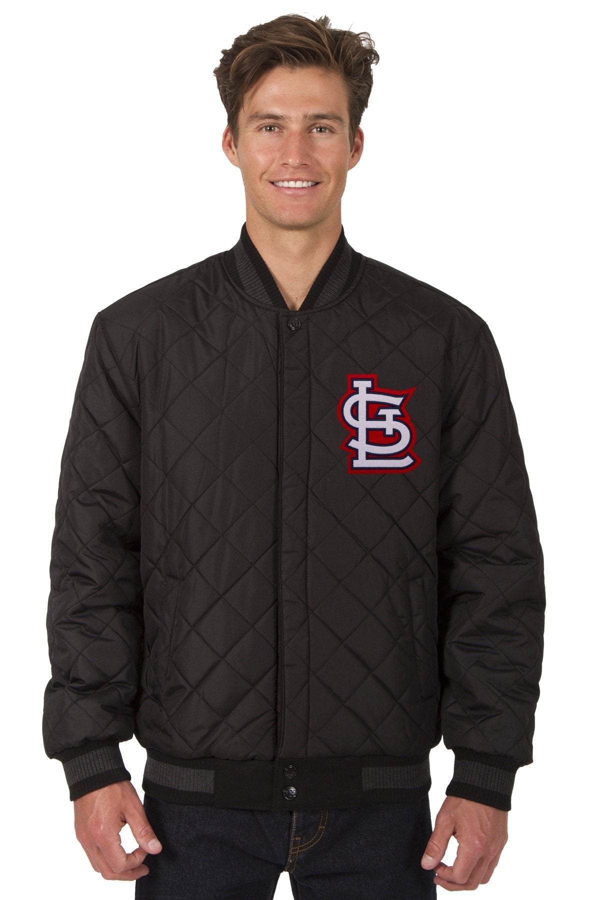 ST. LOUIS CARDINALS WOOL & LEATHER REVERSIBLE JACKET W/ EMBROIDERED LOGOS - BLACK