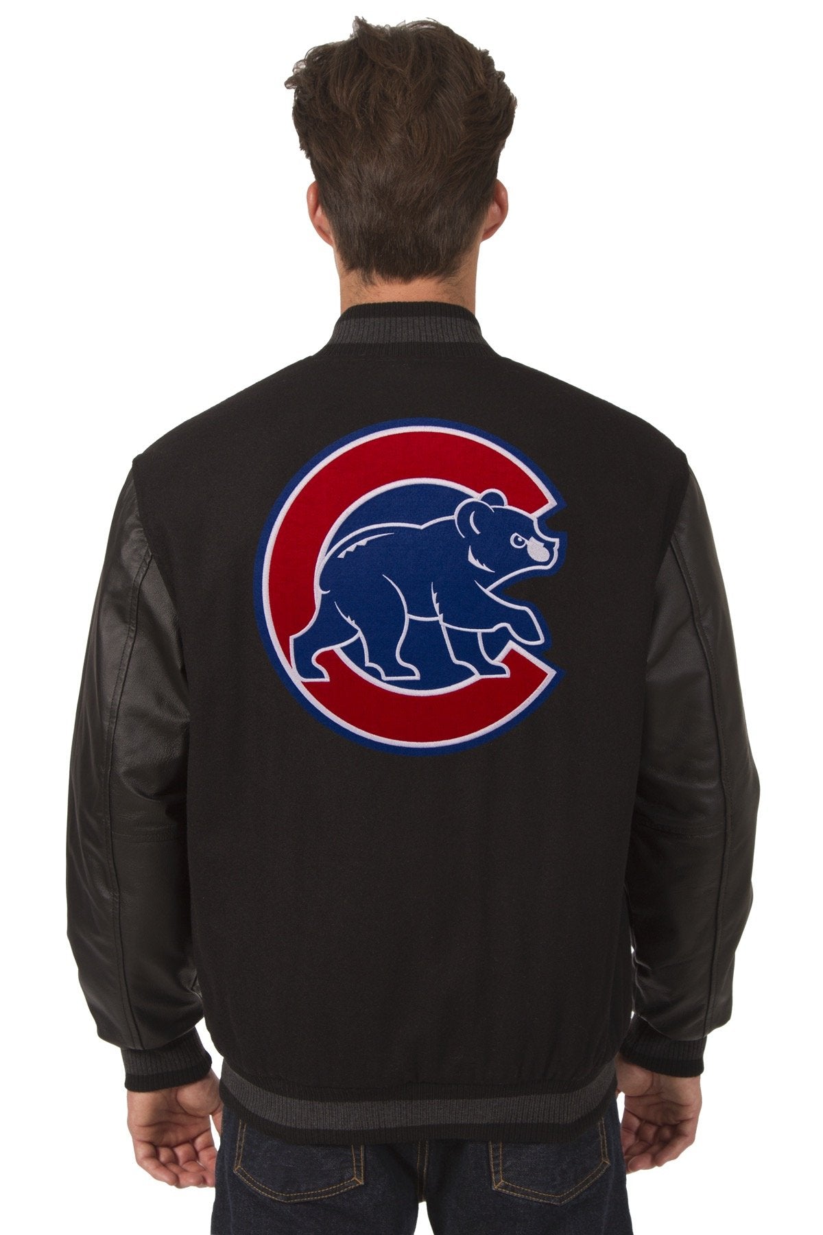 CHICAGO CUBS WOOL & LEATHER REVERSIBLE JACKET W/ EMBROIDERED LOGOS - BLACK