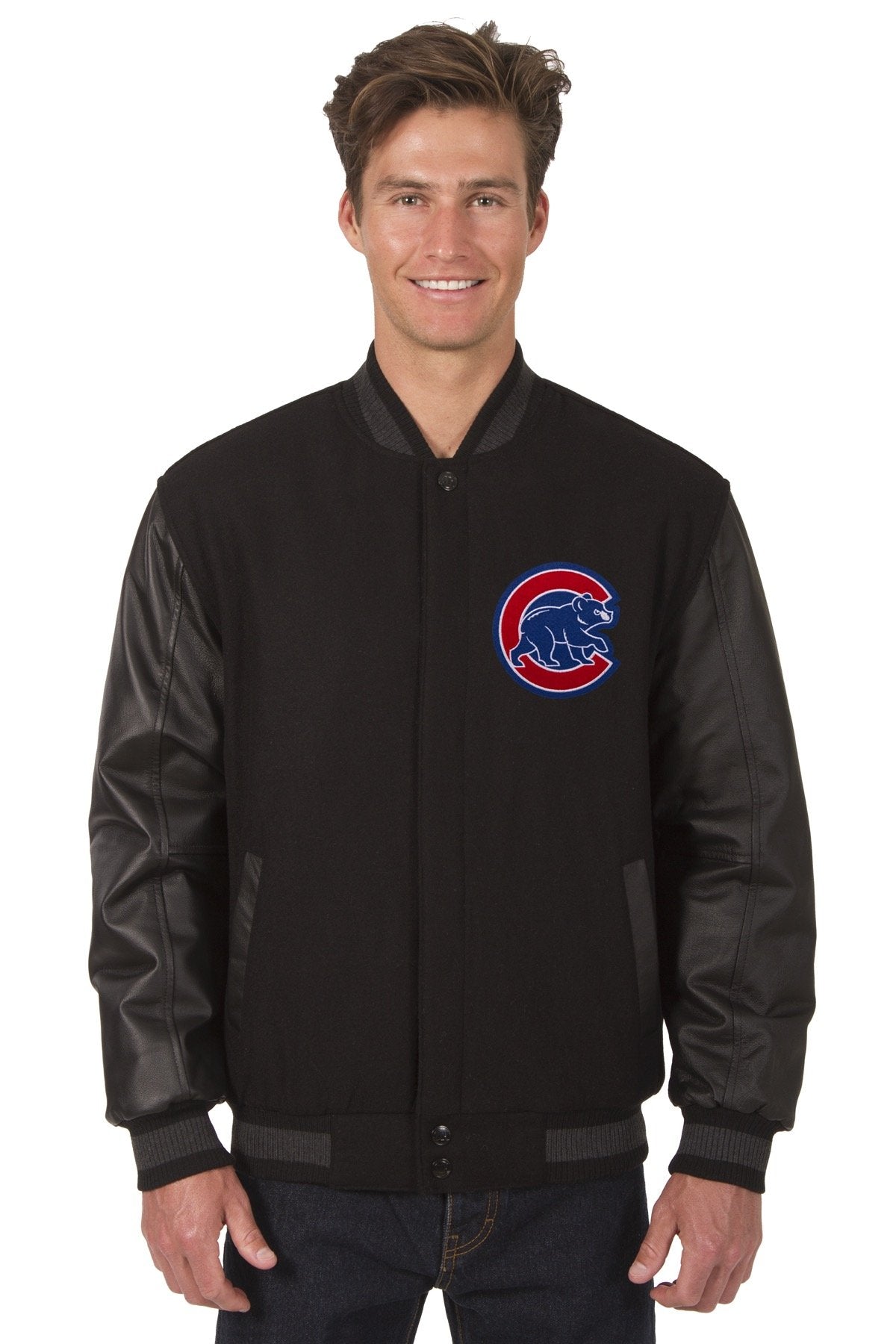 CHICAGO CUBS WOOL & LEATHER REVERSIBLE JACKET W/ EMBROIDERED LOGOS - BLACK