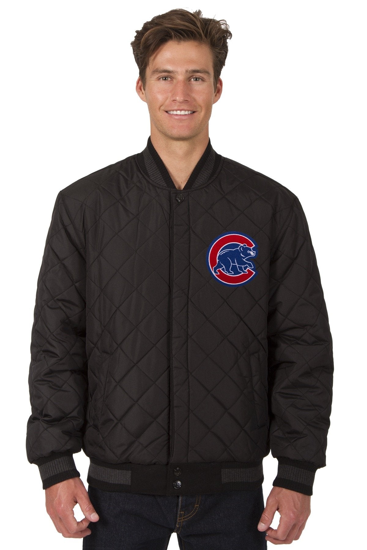 CHICAGO CUBS WOOL & LEATHER REVERSIBLE JACKET W/ EMBROIDERED LOGOS - BLACK