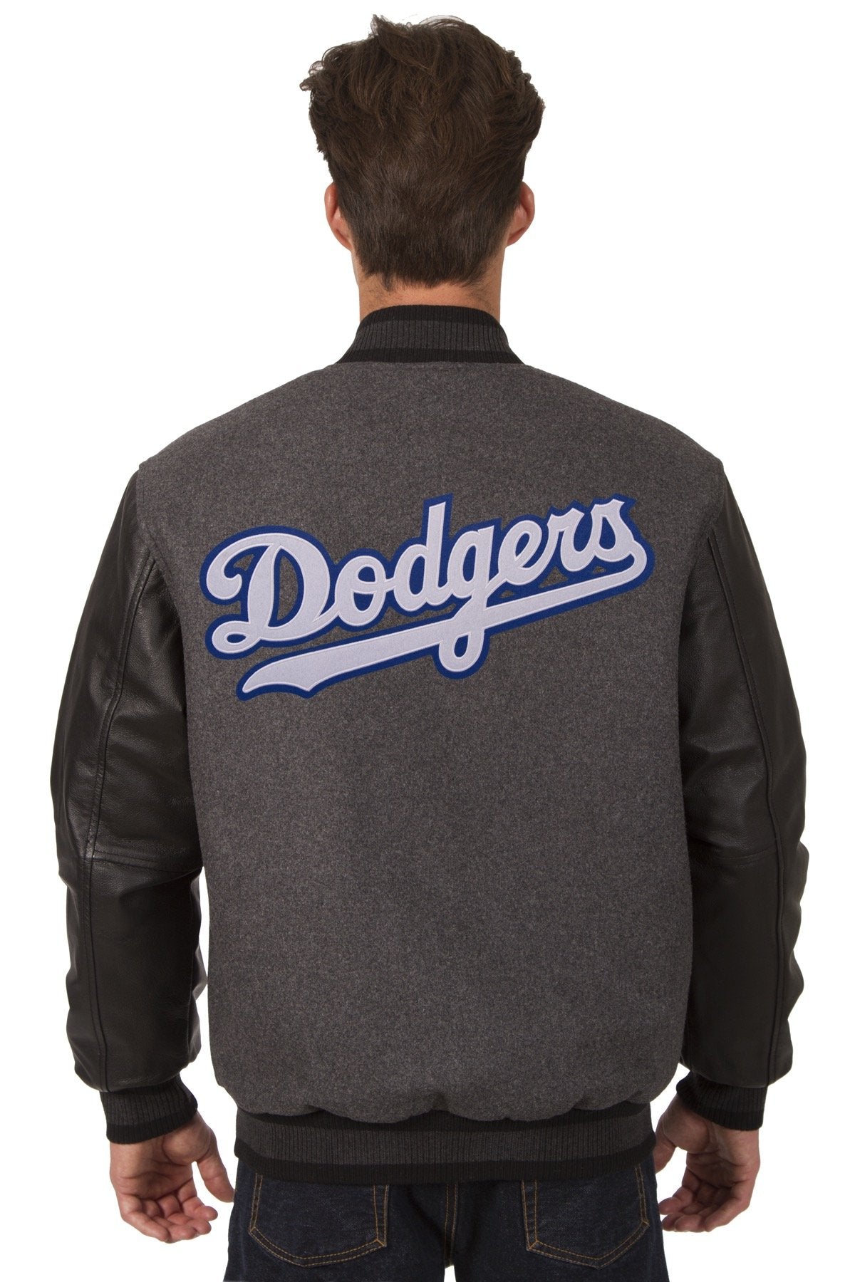 LOS ANGELES DODGERS WOOL & LEATHER REVERSIBLE JACKET W/ EMBROIDERED LOGOS - CHARCOAL/BLACK