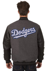 LOS ANGELES DODGERS WOOL & LEATHER REVERSIBLE JACKET W/ EMBROIDERED LOGOS - CHARCOAL/BLACK