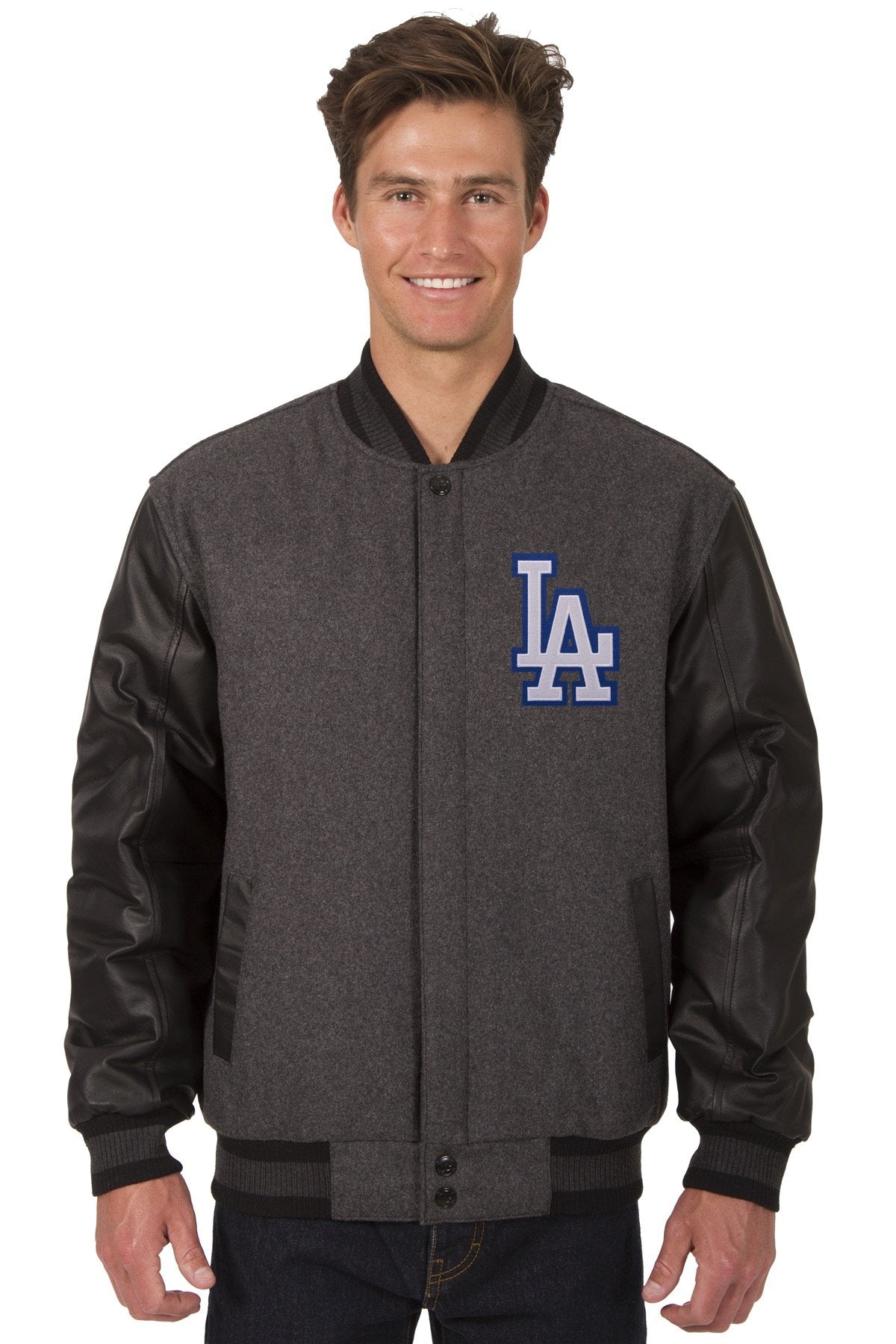LOS ANGELES DODGERS WOOL & LEATHER REVERSIBLE JACKET W/ EMBROIDERED LOGOS - CHARCOAL/BLACK