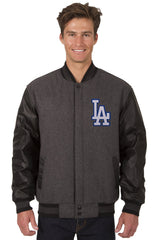 LOS ANGELES DODGERS WOOL & LEATHER REVERSIBLE JACKET W/ EMBROIDERED LOGOS - CHARCOAL/BLACK