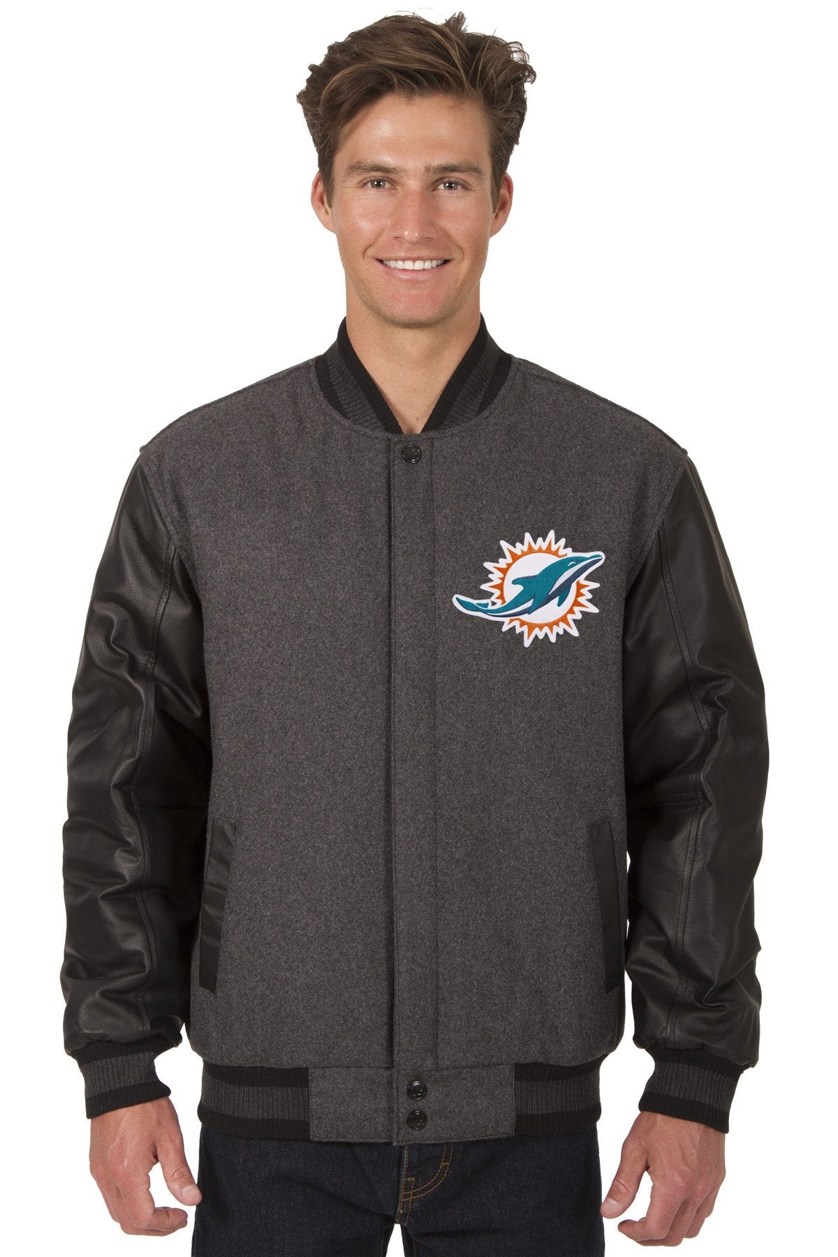 MIAMI DOLPHINS WOOL & LEATHER REVERSIBLE JACKET W/ EMBROIDERED LOGOS - CHARCOAL/BLACK