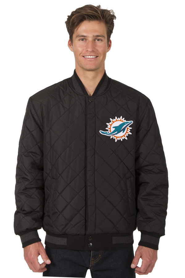 MIAMI DOLPHINS WOOL & LEATHER REVERSIBLE JACKET W/ EMBROIDERED LOGOS - CHARCOAL/BLACK