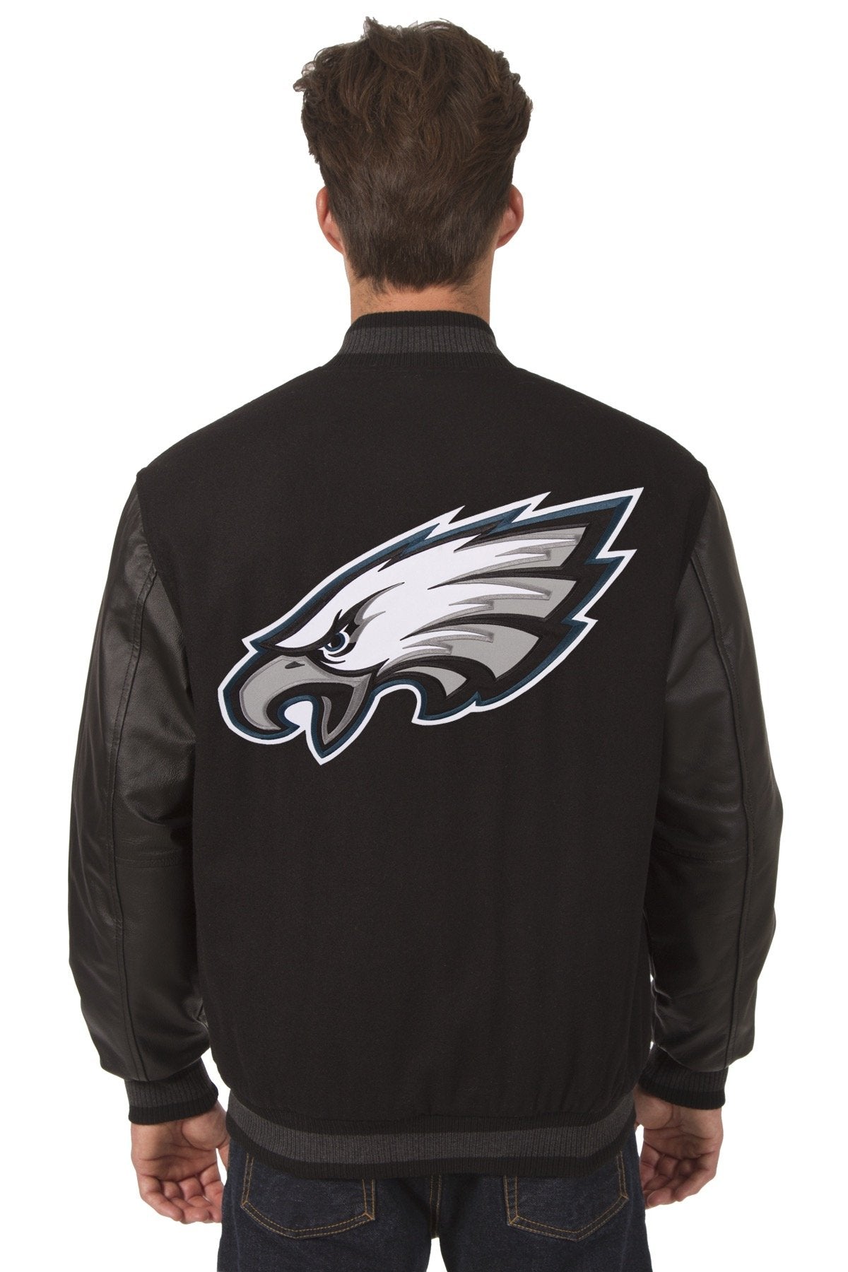 PHILADELPHIA EAGLES WOOL & LEATHER REVERSIBLE JACKET W/ EMBROIDERED LOGOS - BLACK