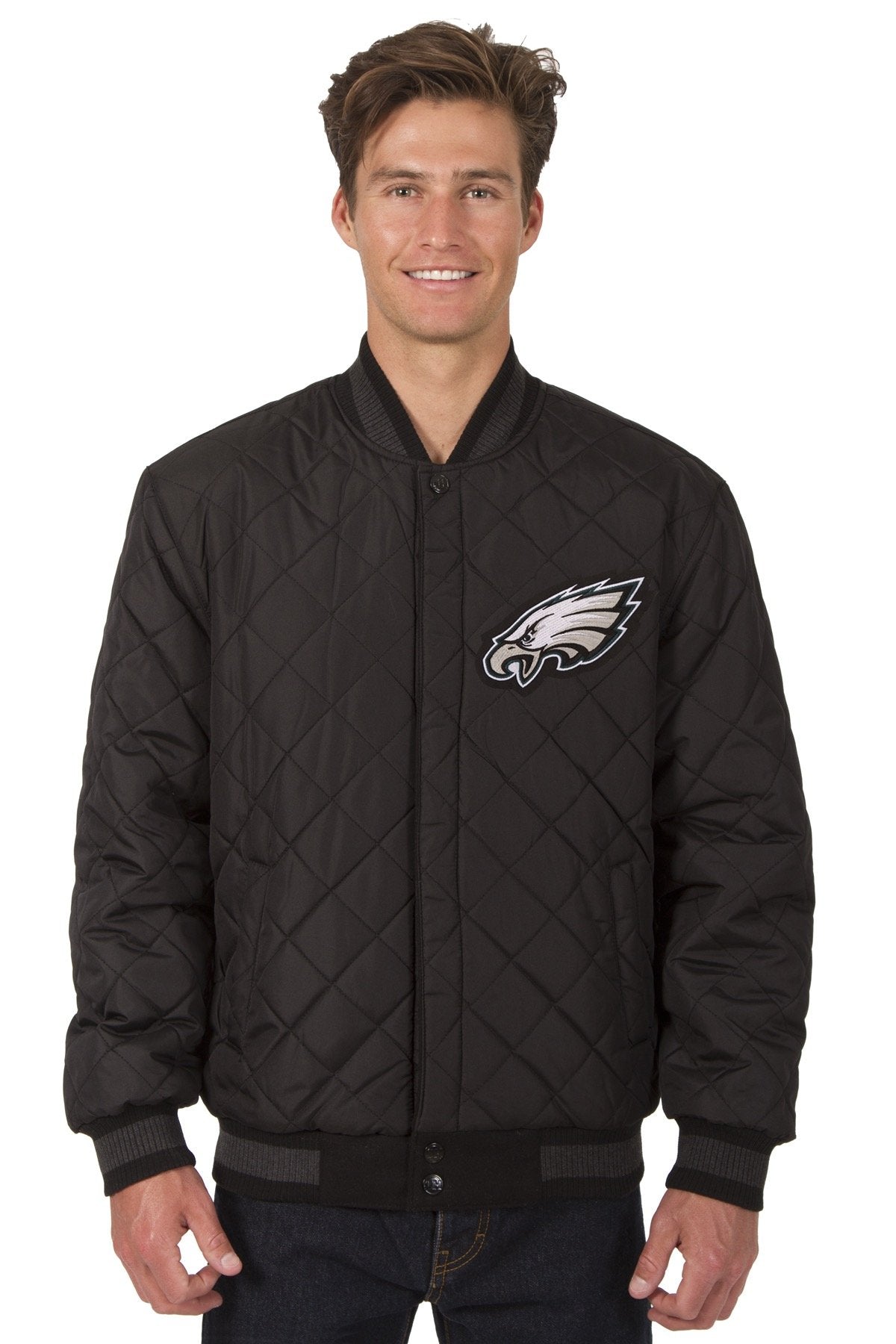 PHILADELPHIA EAGLES WOOL & LEATHER REVERSIBLE JACKET W/ EMBROIDERED LOGOS - BLACK