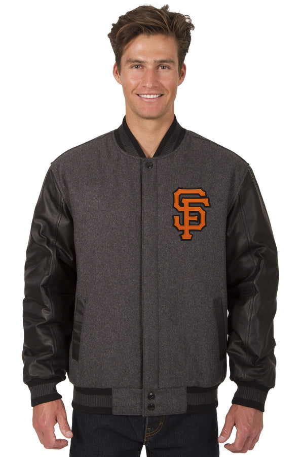 SAN FRANCISCO GIANTS WOOL & LEATHER REVERSIBLE JACKET W/ EMBROIDERED LOGOS - CHARCOAL/BLACK