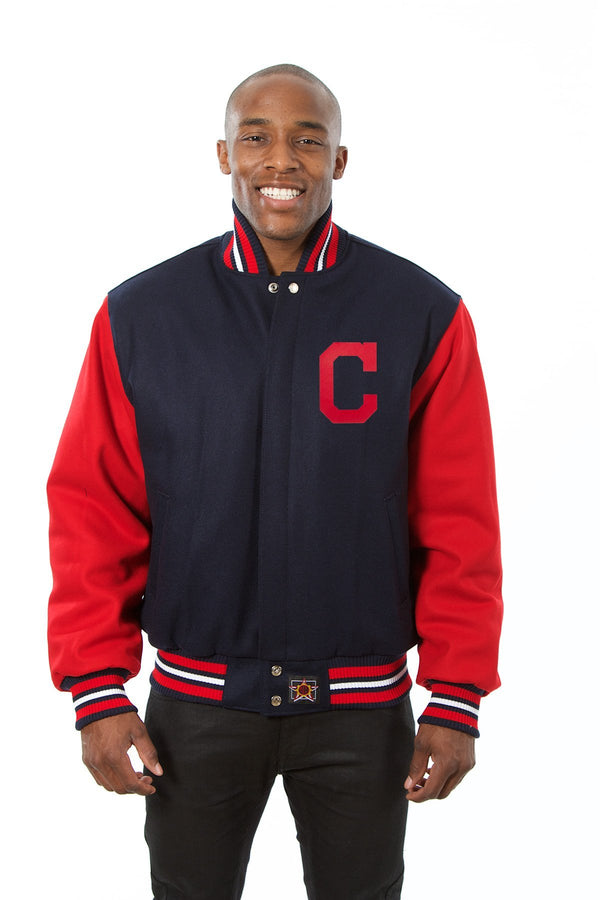 CLEVELAND GUARDIANS TWO-TONE WOOL JACKET W/ HANDCRAFTED LEATHER LOGOS - NAVY/RED