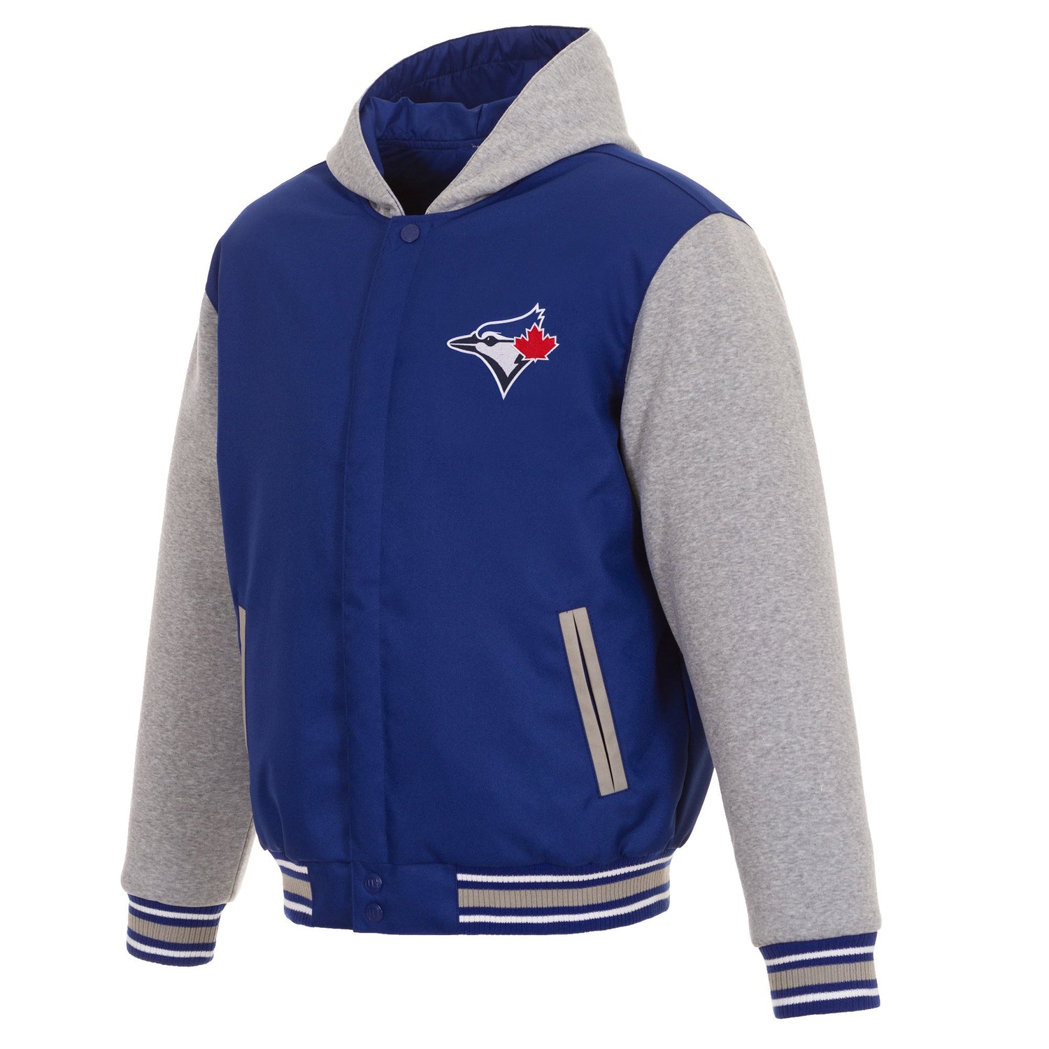 TORONTO BLUE JAYS TWO-TONE REVERSIBLE FLEECE HOODED JACKET - ROYAL/GREY