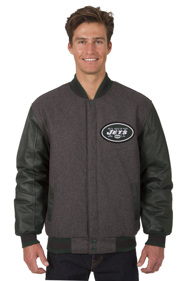 New York Jets Reversible Wool and Leather Jacket (Front and Back Logos)