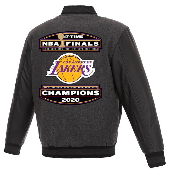 LOS ANGELES LAKERS JH DESIGN 17-TIME NBA FINALS CHAMPIONS REVERSIBLE FULL-SNAP WOOL LEATHER JACKET - CHARCOAL