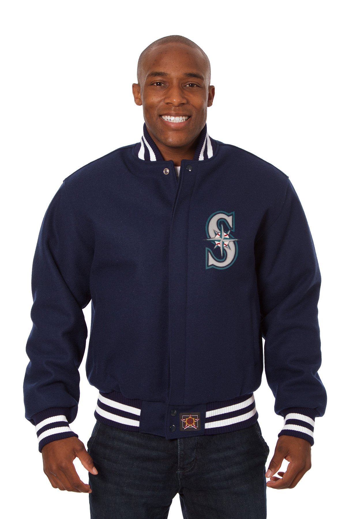 SEATTLE MARINERS WOOL JACKET W/ HANDCRAFTED LEATHER LOGOS - NAVY