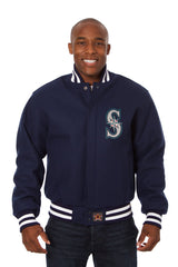 SEATTLE MARINERS WOOL JACKET W/ HANDCRAFTED LEATHER LOGOS - NAVY